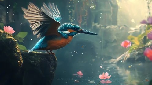Vibrant Kingfisher in Enchanted Forest by a Mystical Pond.