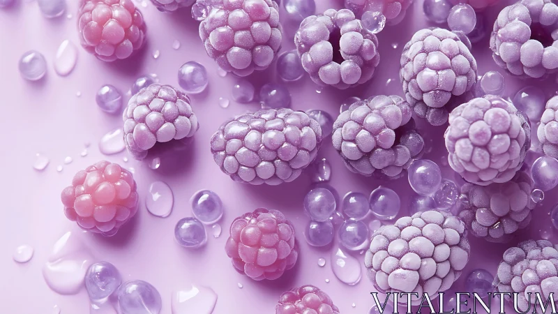 Glittering pastel raspberries rest on glossy lilac surface.