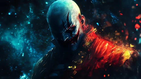 Sinister clown warlord amid blazing cosmic storm.