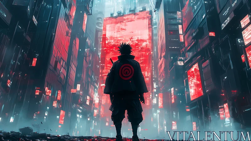 Lone cyber warrior confronts neon red city monoliths at dusk