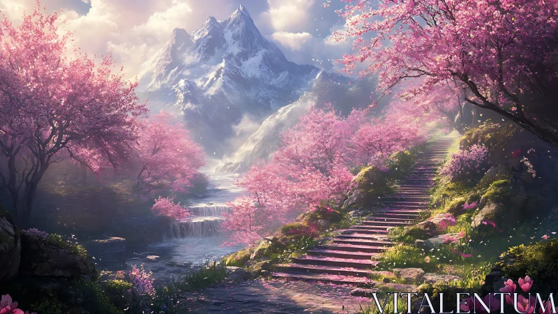 Serene mountain path winds through radiant spring blossoms