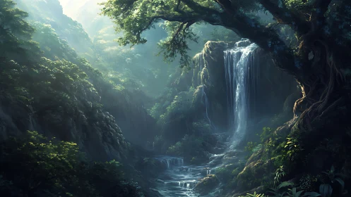 Enchanted Canyon Waterfall: Lush Valley Digital Landscape.