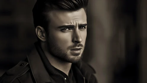 Moody sepia portrait of pensive bearded man outdoors.