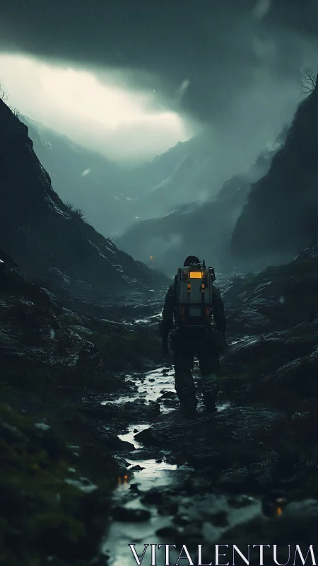 Solitary exosuit explorer in stormlit, narrow mountain ravine