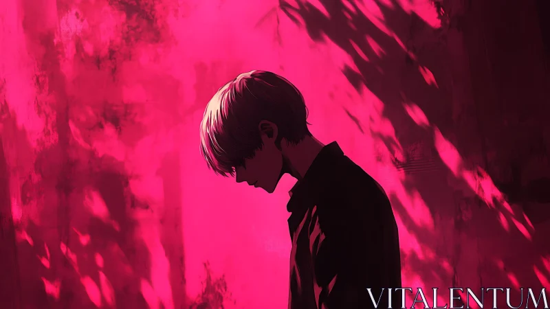 Solitary boy in neon magenta shadows, introspective mood.