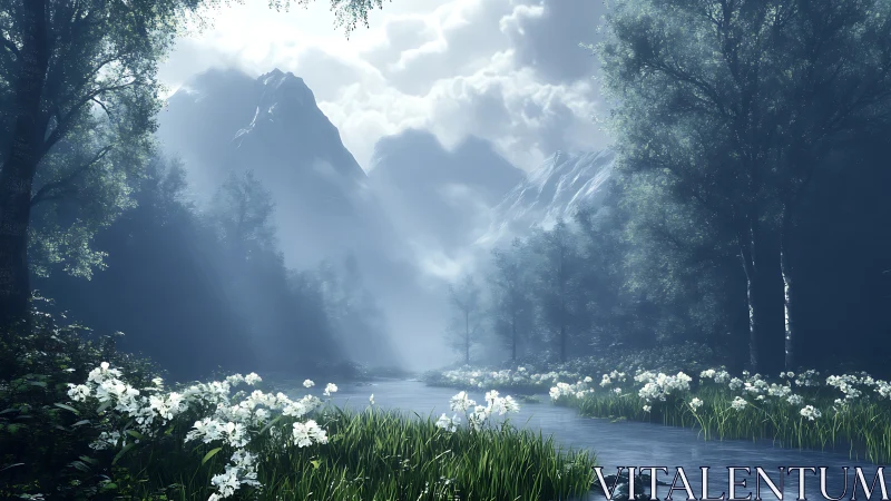 Morning rays over misty river valley and distant peaks.