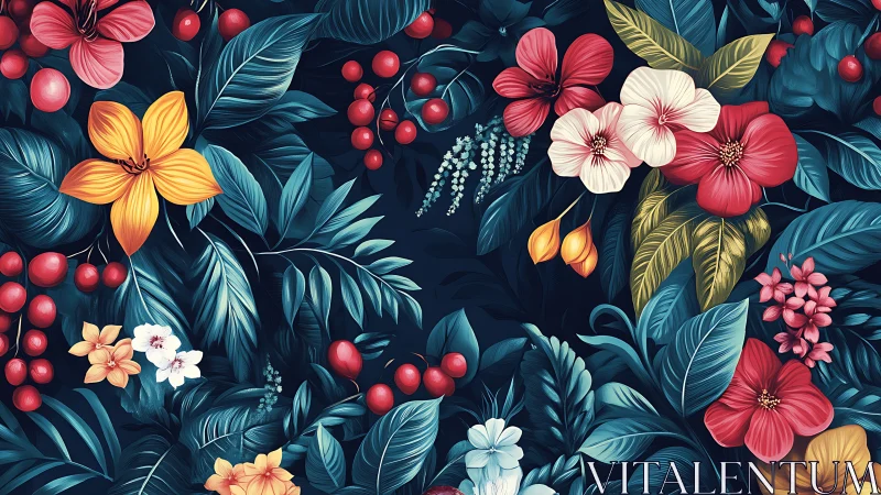 Rich Floral Garden Against Deep Navy Background with Layered Foliage