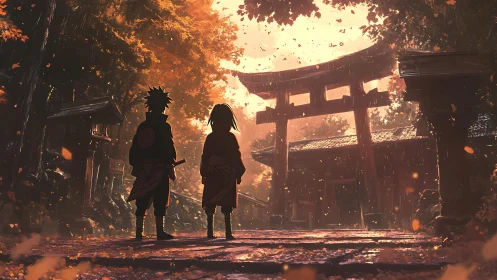 Two ninjas study a rain-soaked shrine gate in autumn light