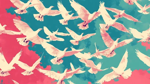 Dynamic seagull flock rendered in flat duotone vector style