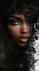 Digital portrait merges photoreal female face with ink textures