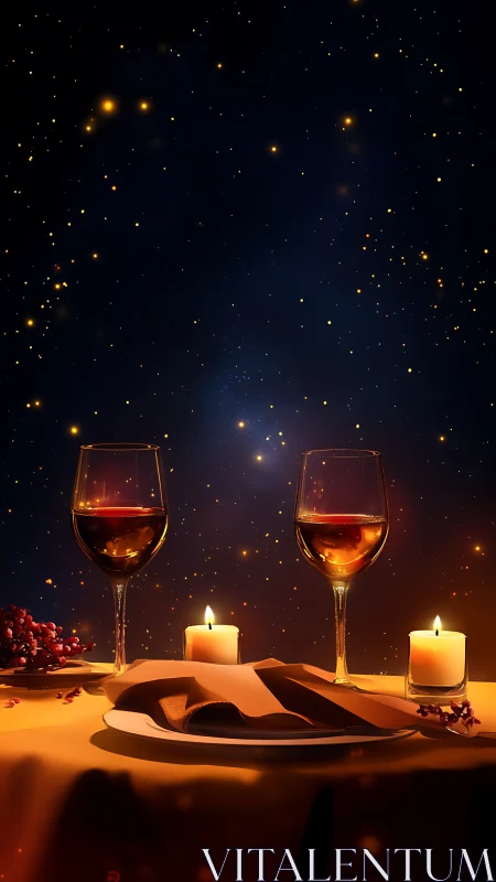 Romantic starlit dinner vignette in warm digital painting style.