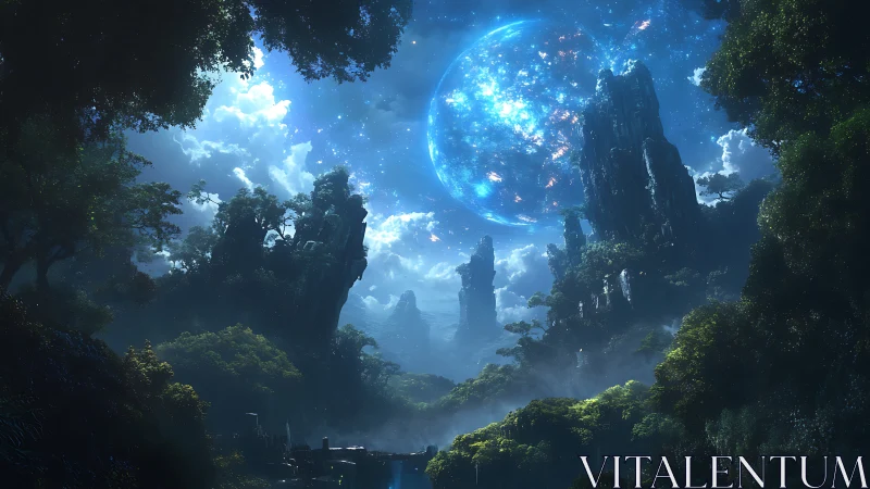 Bioluminescent alien jungle valley under luminous gas giant