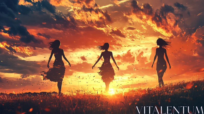 Three Silhouetted Women Walking in Glowing Sunset Field, Digital Art.