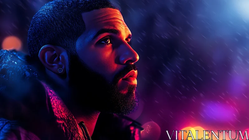 Neon rain crowns a contemplative profile in glowing dusk