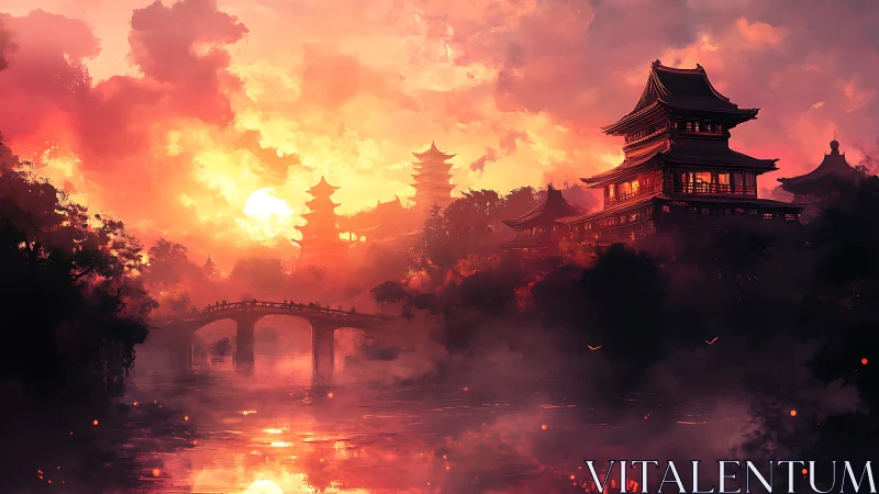 Sunset over riverside pagodas and arched stone bridge.