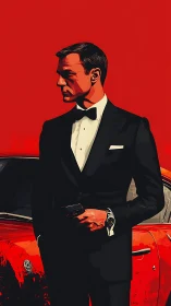Sharp-suited spy silhouette before red vintage car backdrop.