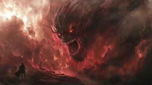Infernal storm-face bellows down upon a lone dark warrior