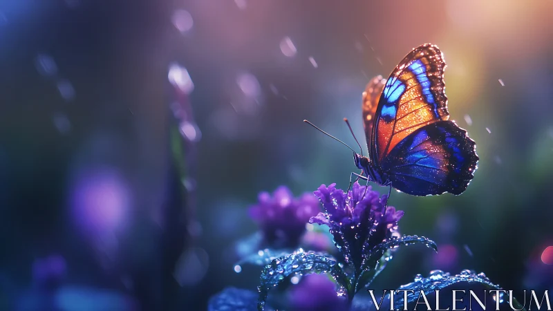 Iridescent butterfly on dewy flower in soft rainlight.