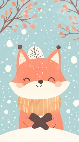 Smiling winter fox illustration with scarf and snowfall.