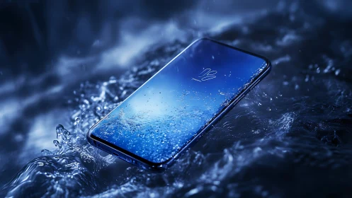Waterproof smartphone floats in dynamic blue liquid