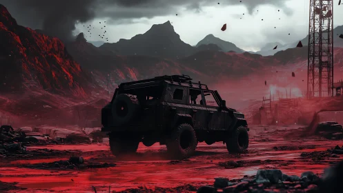 Off-road explorer crossing a mysterious crimson wasteland.