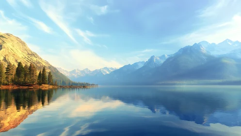 Mountain lake with forested shoreline and distant peaks.