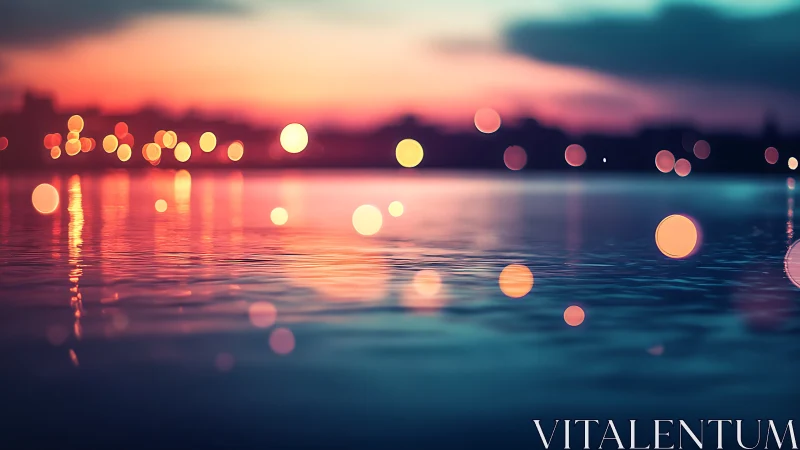 Colorful city lights reflected on calm water at dusk.