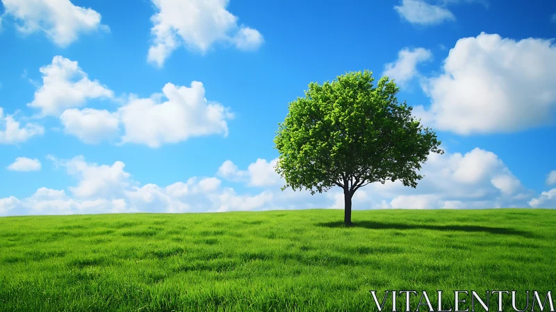 Lone Green Tree on Vibrant Meadow Under Blue Sky, Photorealistic Scene.