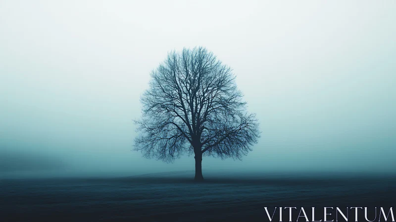 Solitary deciduous tree rendered in high-contrast winter fog