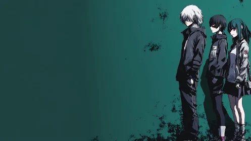 Brooding anime trio stands together in a moody green silence