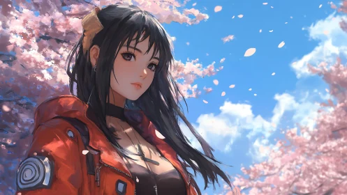 Woman in red jacket stands among cherry blossoms outdoors