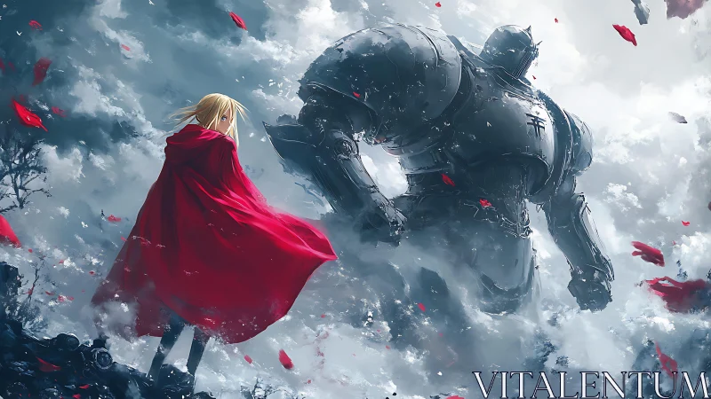 Red cloaked figure confronts large armored giant in mist