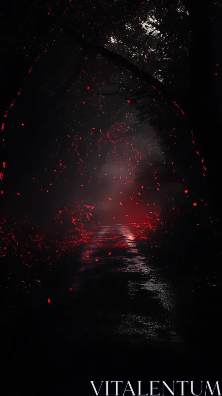 Dark forest path with red glowing particles and wet ground.