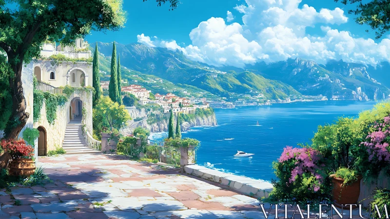 Mediterranean cliff terrace overlooks bright sapphire sea.