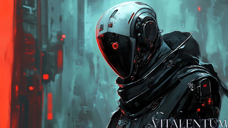 Lone cyberpunk android watches the neon city in silence