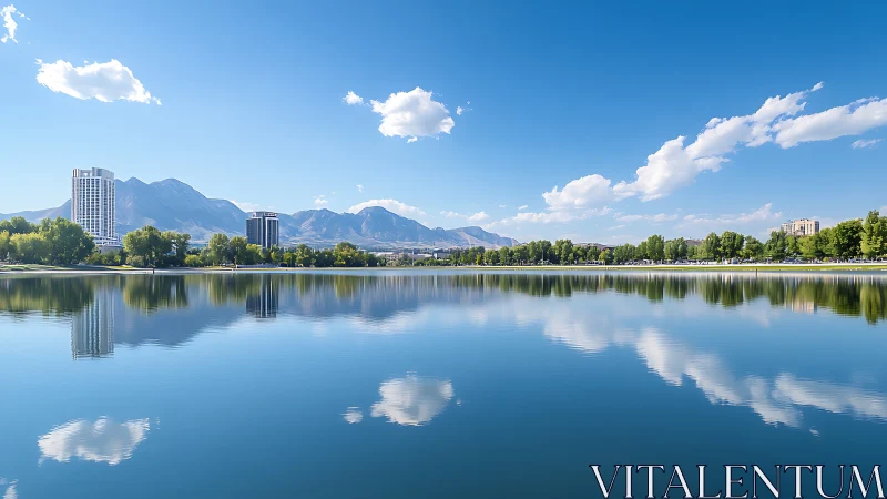 City skyline reflects on calm lake before distant mountain range