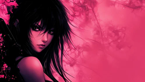 Neon-haired femme fatale framed in electric pink haze.