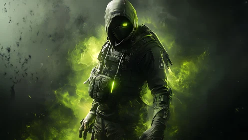 Mysterious neon rogue in glowing green tactical armor.