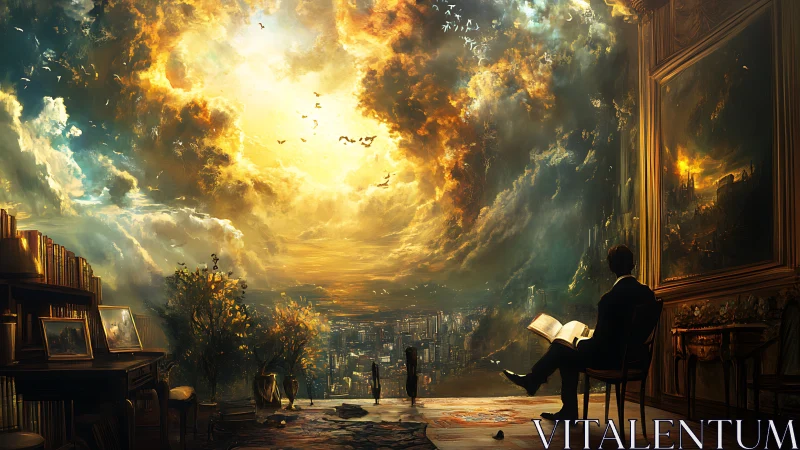 Solitary reader overlooking luminous apocalyptic sky portal