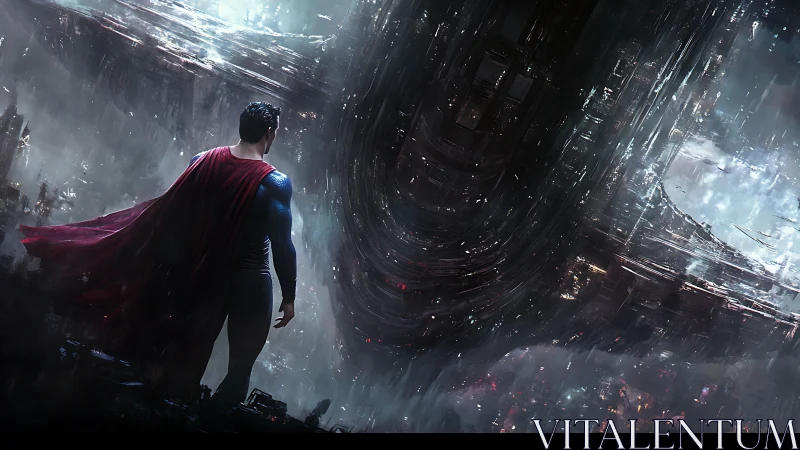 Caped hero confronts colossal alien warship in storm