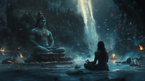 Mystic yogi mirrors stone deity within glowing ice cavern