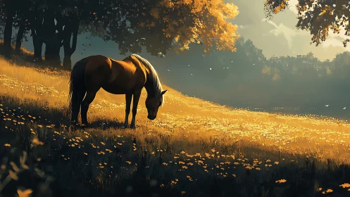 Backlit chestnut horse grazing in high-contrast golden meadow