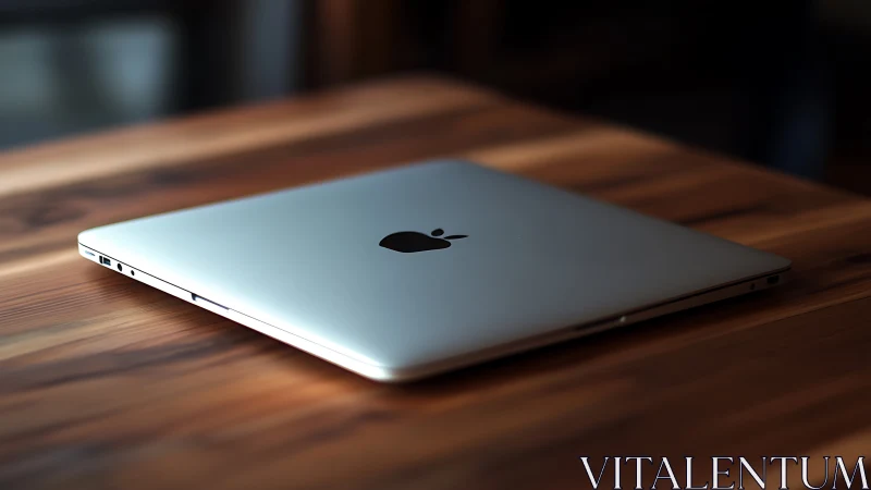 Closed silver laptop rests on warm wooden desktop surface
