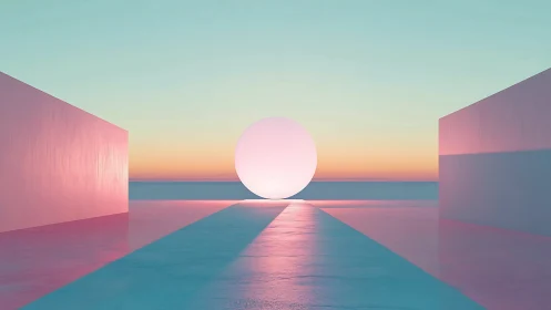 Glowing sphere anchors a pastel minimalist sunset corridor.