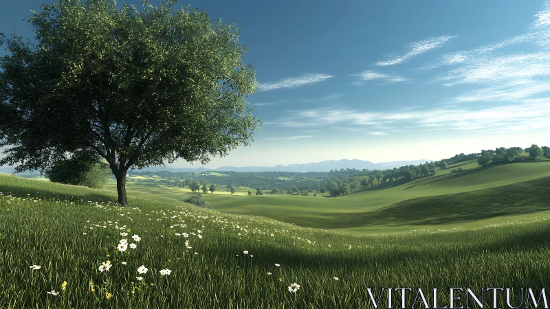 Single tree on grassy hillside under clear daytime sky.