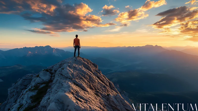 Solitary hiker on sunlit mountain ridge at golden hour panorama.