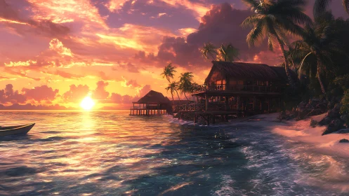 Tropical Sunset Over Overwater Bungalows and Island.