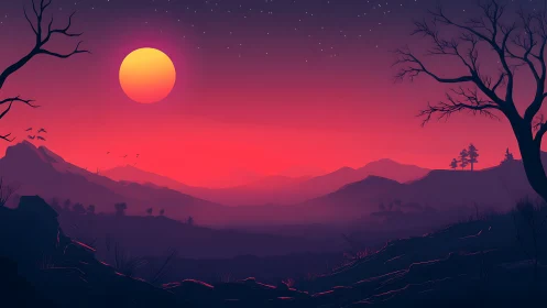 Crimson dusk sun descends over layered misty mountain valley