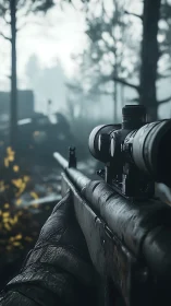 Scoped Rifle Positioned Against Misty Forest Backdrop