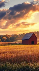Autumn grain field and isolated red barn under glowing sunset